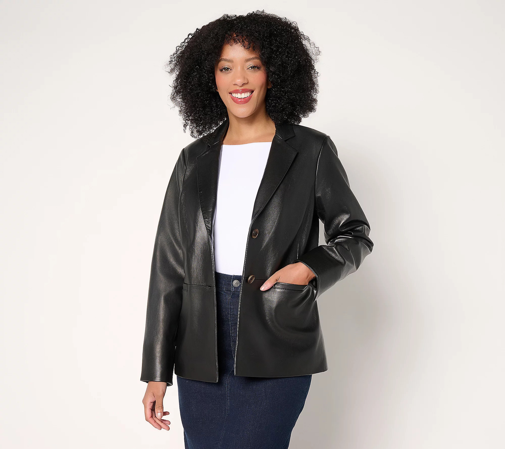 Denim & Co. Petite Lamb Leather Two Button Blazer | QVC