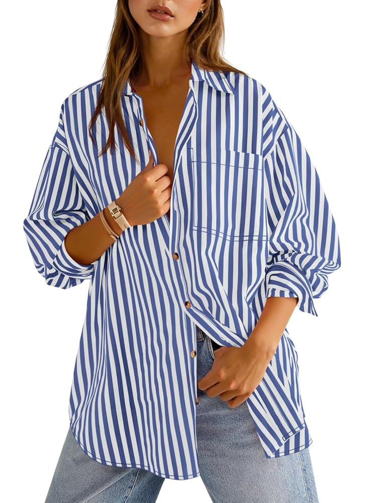Cicy Bell Womens Oversized Striped Button Down Shirts Boyfriend Long Sleeve Collared Work Blouses | Amazon (US)