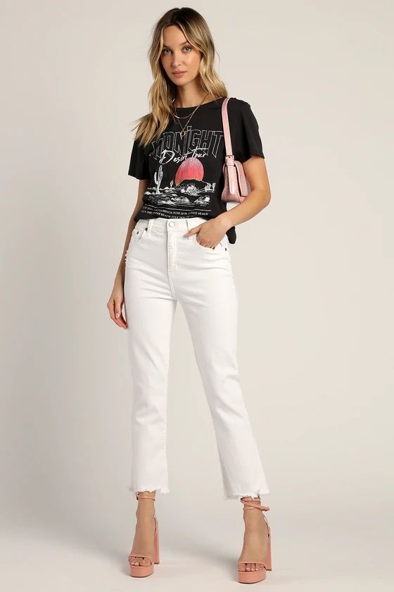 Shy Girl White High-Waisted Cropped Distressed Flare Jeans | Lulus (US)