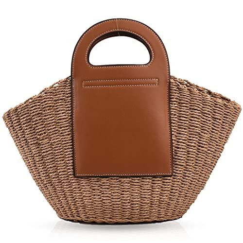 QTKJ Summer Beach Bag, Hand Made Straw Beach Bag Basket Leather Stitching Tote Bag, Large Capacity Designer Handbags for Vacation Travel Daily(Khaki) | Amazon (US)