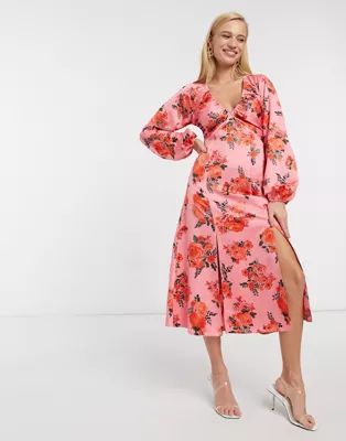 ASOS DESIGN satin midi dress with splits in rose floral | ASOS (Global)