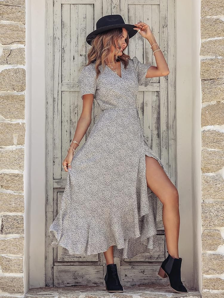 PRETTYGARDEN Women's Summer Wrap Maxi Dress Casual Boho Floral V Neck Short Sleeve Ruffle Hem Split  | Amazon (US)