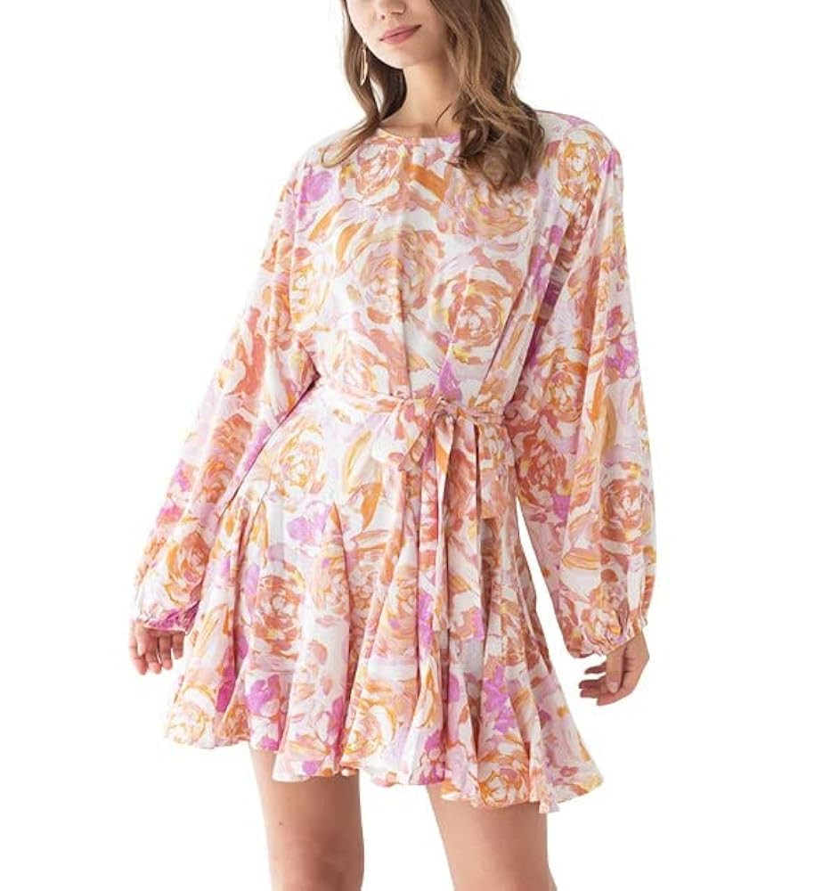 CHICWISH Women's Rose Painting/Navy Floral/Green Floret Bubble Sleeves Frilling Mini Dress | Amazon (US)