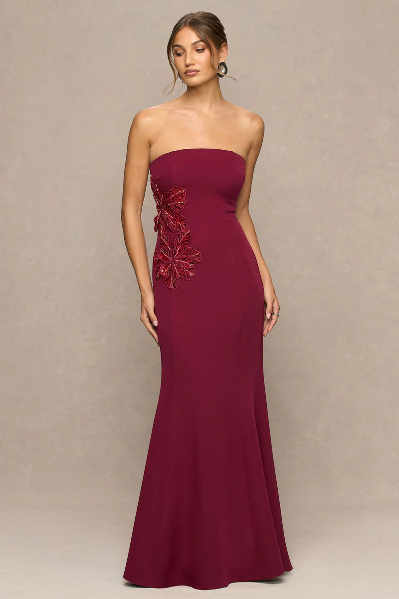 Aylana  Burgundy Bandeau Maxi Dress With Embellishment Detail | Club L London