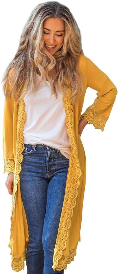 Tickled Teal Women's 3/4 Sleeve Lace Trim Casual Wrap Cardigan Coverup Outerwear Sweater | Amazon (US)