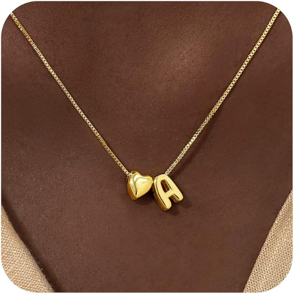 Heart Initial Necklaces for Women Girls 14K Gold Plated Bubble Letter necklace Cute Heart Necklac... | Amazon (US)