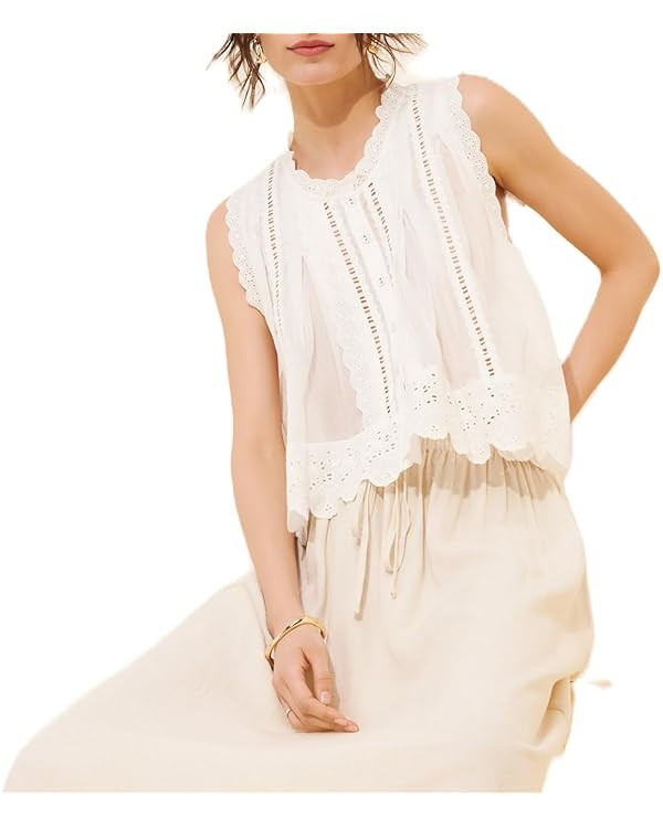 Women Sleeveless Eyelet Top Vintage Lace Patchwork Detail Button Down Vest Top Scallop Hem Beach ... | Amazon (US)