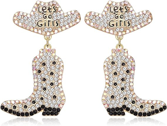 Western Earrings Sparkly Rhinestone Cowgirl Boot Drop Dangle Earrings Fun Handmade Country Concer... | Amazon (US)
