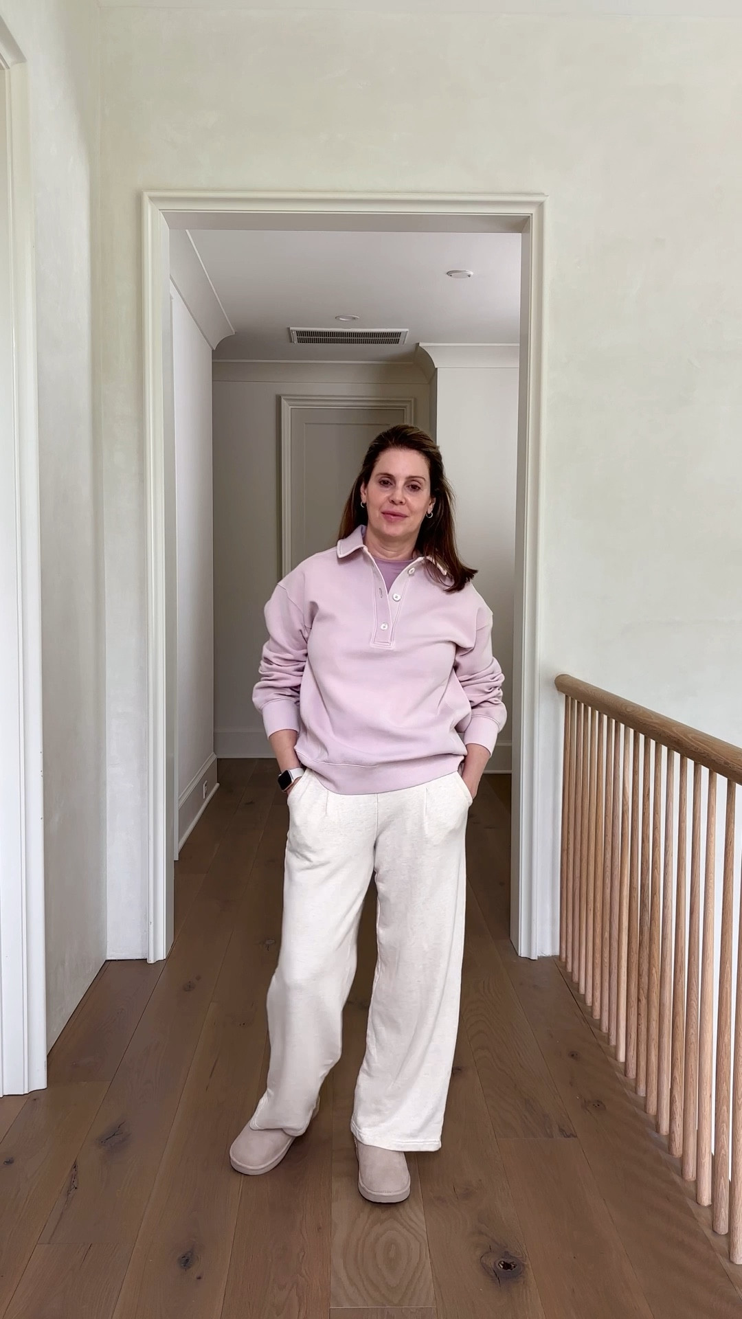 YPB polo sweatshirt in beautiful mauve paired with wide leg sweatpants and ugg like boots 


#LTKFallSale

#LTKOver40 #LTKSaleAlert #LTKVideo