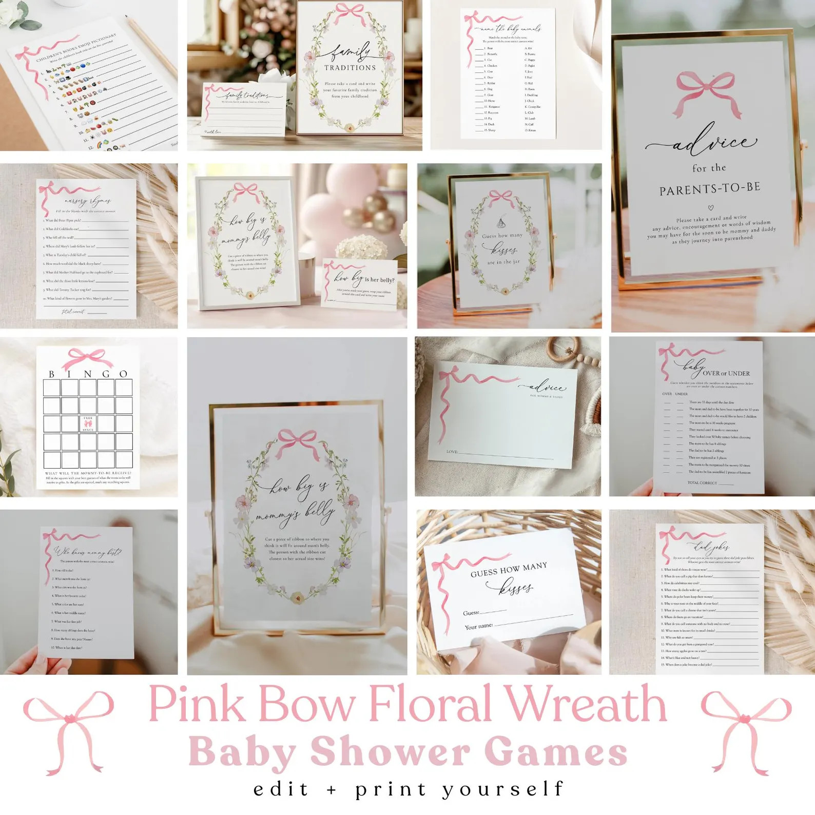 Pink Bow Wildflower Wreath Baby Shower Games Bundle | Printable Baby Shower Games, Signs, Baby Pr... | Etsy (US)