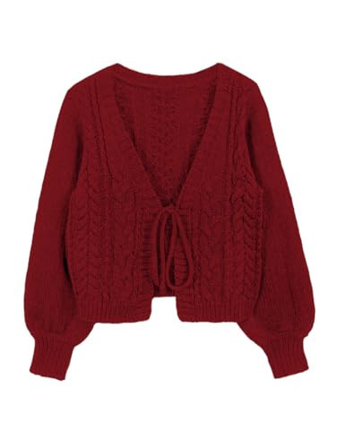 SKAYS Womens Tie Front Bow Cardigan Sweaters Cropped Cable Knit Cardigans Trendy Fall Lightweight Long Sleeve Loose Casual Outerwear Red XL | Amazon (US)