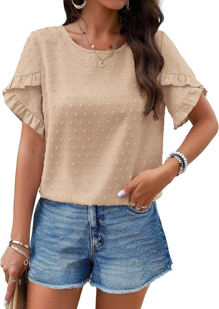 PRETTYGARDEN Women's Tops 2025 Summer Ruffle Short Sleeve Crewneck Blouses Swiss Dots Solid Loose... | Amazon (US)