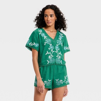 Women's Short Sleeve Cutwork V-Neck Blouse - Universal Thread™ Green XL | Target