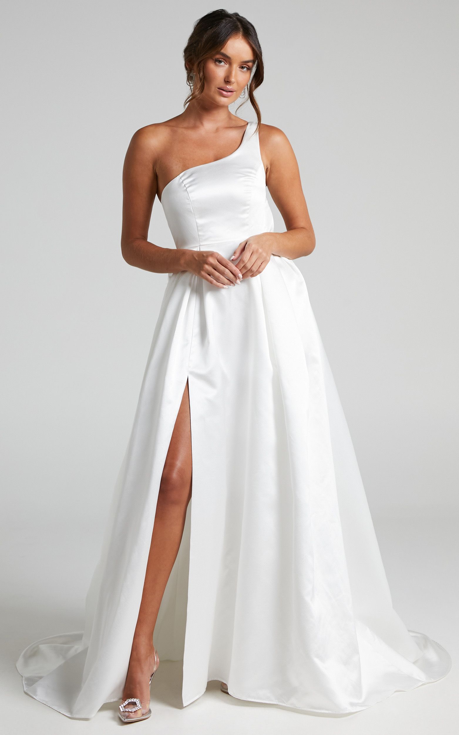 Desire Me One Shoulder Thigh Split Gown in Ivory Satin | Showpo | Showpo - deactived