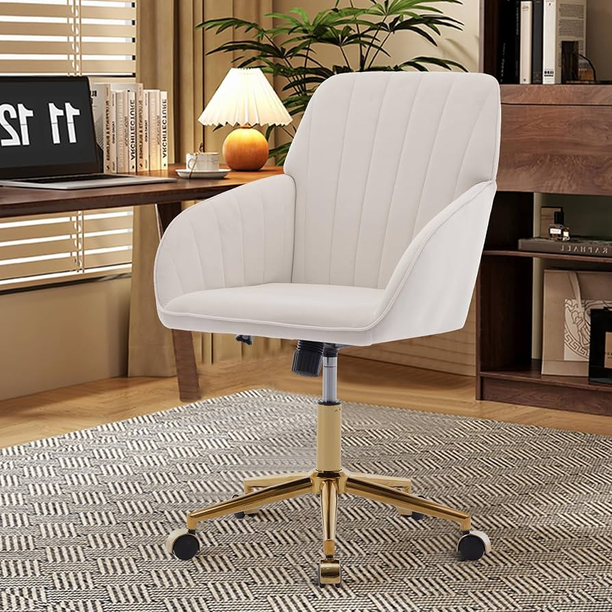 Beige Home Office Desk Chair, Modern Velvet Adjustable Low Back Rolling Chair, Twill Upholstered ... | Amazon (US)