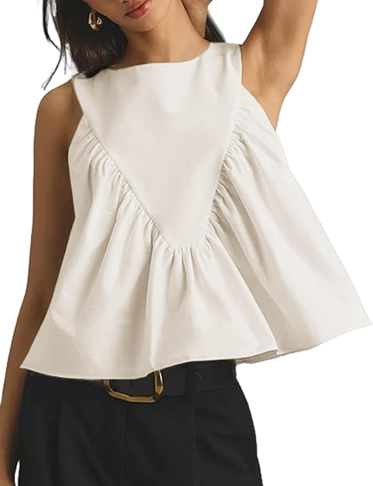 Tanming Womens Sleeveless Peplum Top Swing Tank Loose Fit Back Button Casual Blouse Ruffled Shirt... | Amazon (US)