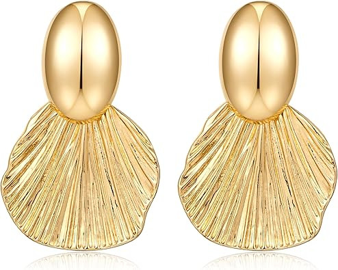 FILMOON Gold Plated Earrings Dangle Chunky Fan-shaped Earrings Shell Earring for Women Two-Tone F... | Amazon (US)