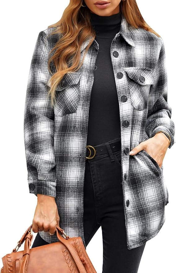 luvamia Plaid Jackets for Women Flannel Quilted Shacket Coats Oversized Button Down Shirts Jacket | Amazon (US)