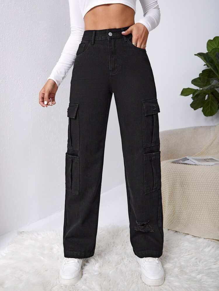 High Waist Western Flap Pocket Ripped Jeans | SHEIN