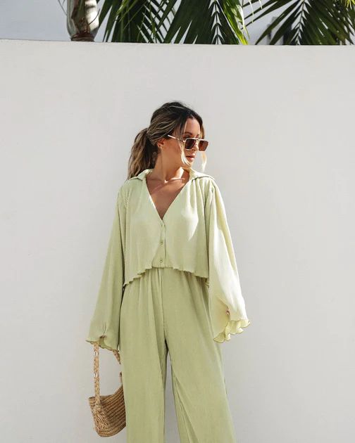 Little Havana Plisse Button Up Top - Soft Lime | VICI Collection