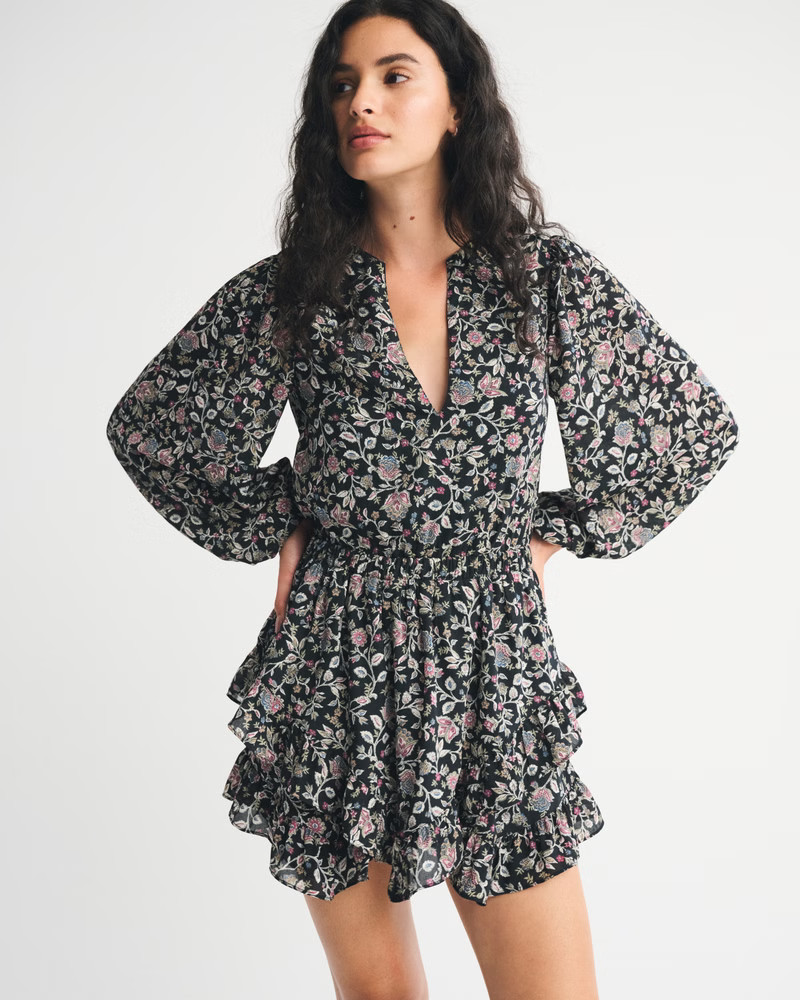 Women's Long-Sleeve Easy Waist Ruffle Mini Dress | Women's New Arrivals | Abercrombie.com | Abercrombie & Fitch (US)