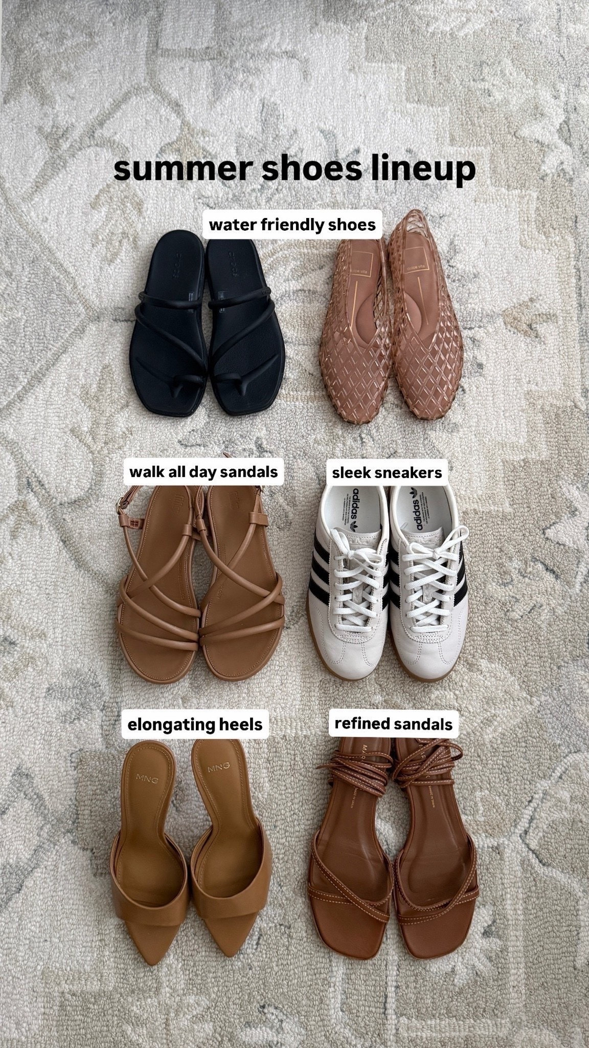 Most worn shoes • Crocs sandals 5, size down if between sizes. Linked another comfy waterproof flip flop too from Tkees (their sz 5 is a little small for me)
• Dolce Vita jelly flats 5, size down if between sizes. The Naturalizer jelly option linked below is also nice and tts fits me in size 5. 
• Fit Flop Gracie strappy sandals 5 
• Adidas Gazelle sneakers size 5
• Mango heels 5 
• Margaux wrap sandals 35, went down between my usual half sizes  

Travel sandals, pool vacation, comfortable shoes, waterproof shoes, shoes for vacation

#LTKTravel #LTKSeasonal #LTKmomlife