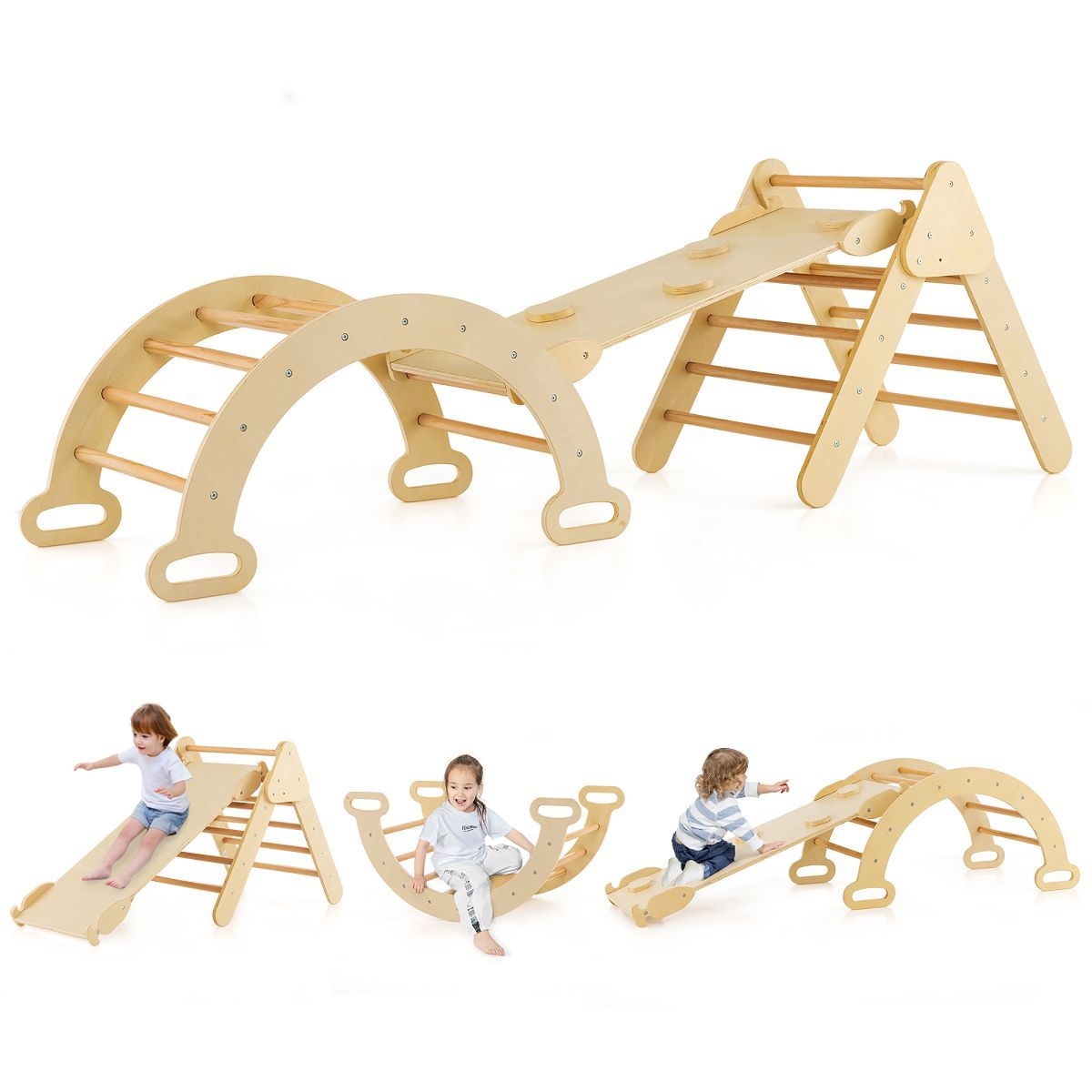 Costway 3-in-1 Kids Climber Set Toddler Wooden Play Arch with Sliding and Climbing Ramp | Target