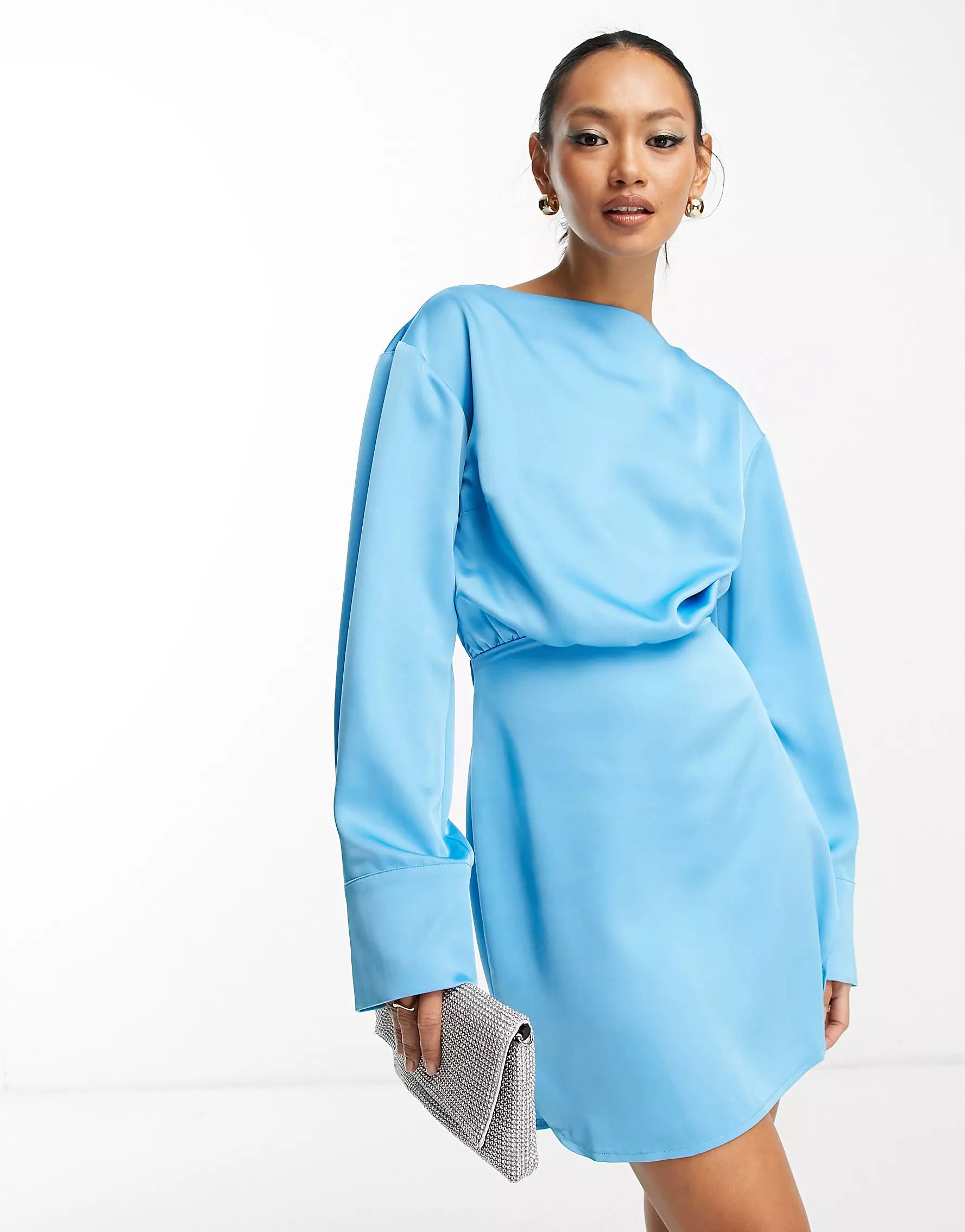 Pretty Lavish long sleeve satin mini dress in blue | ASOS (Global)
