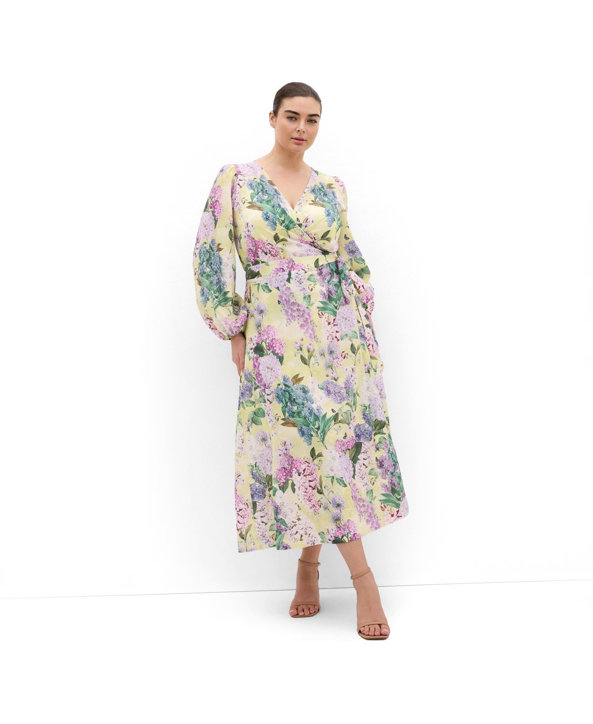 City Chic Women's Anastasia Hydrangea Print Wrap Maxi Dress - Lemon hydrandra | Macy's