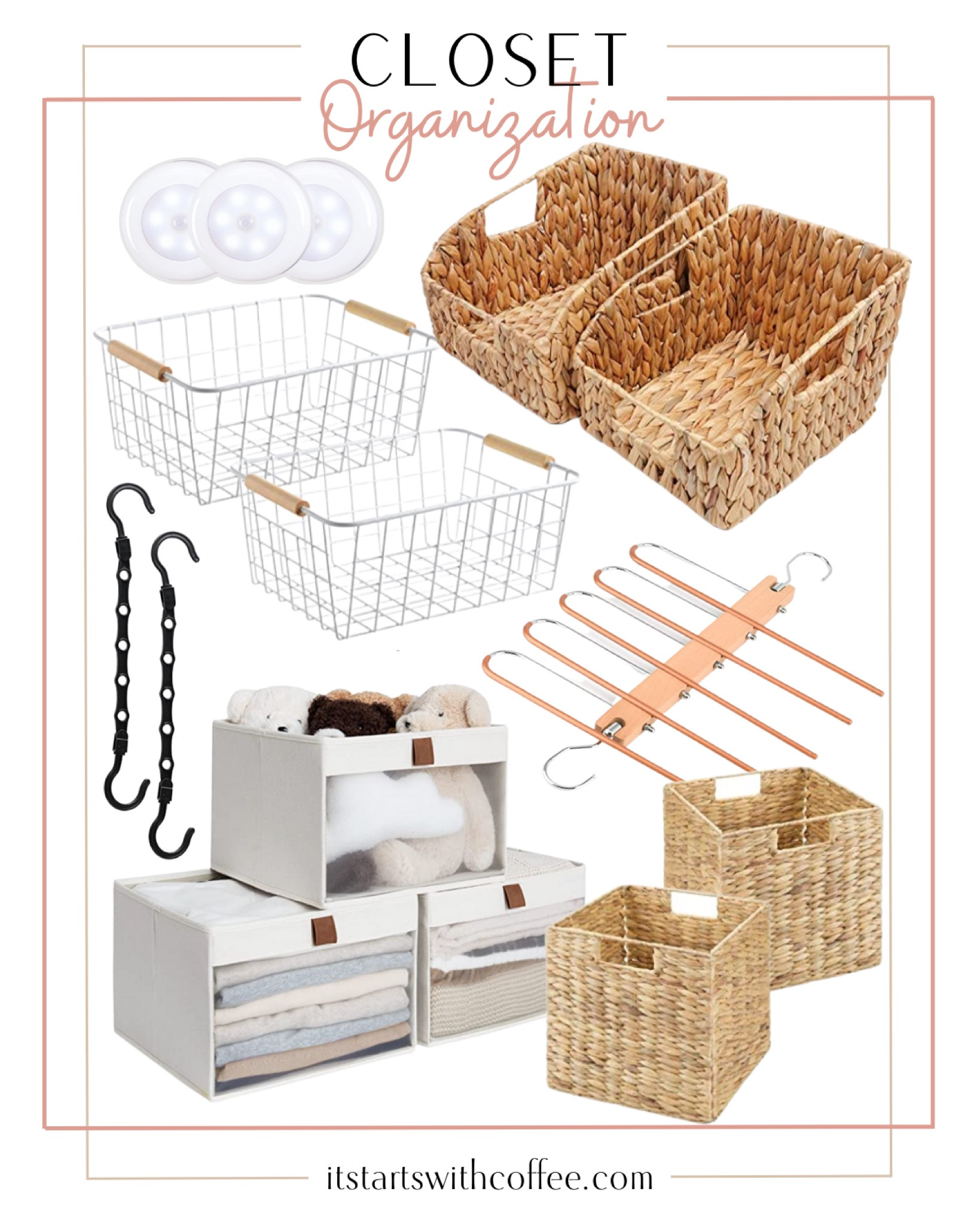 Closet organization includes wicker storage baskets, wicker cube storage, hanger organizer, space saver hanger, wire baskets, motion activated lights, and closet storage bins

Home decor, home organization, closet organization, storage solutions, spring cleaning

#LTKstyletip #LTKunder50 #LTKhome