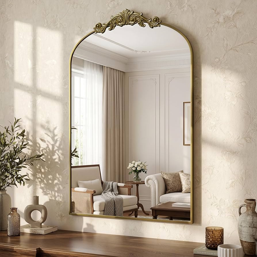 Arched Wall Mirror, 24" x 36" Vintage Carved Bathroom Mirror with Antique Bronze Aluminum Frame, ... | Amazon (US)
