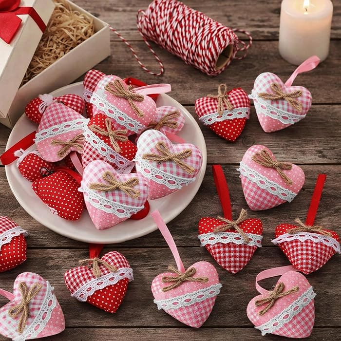24 Pcs Valentine's Day Ornaments Fabric Hearts Tree Ornaments 2.56 Inch Farmhouse Stuffed Heart B... | Amazon (US)