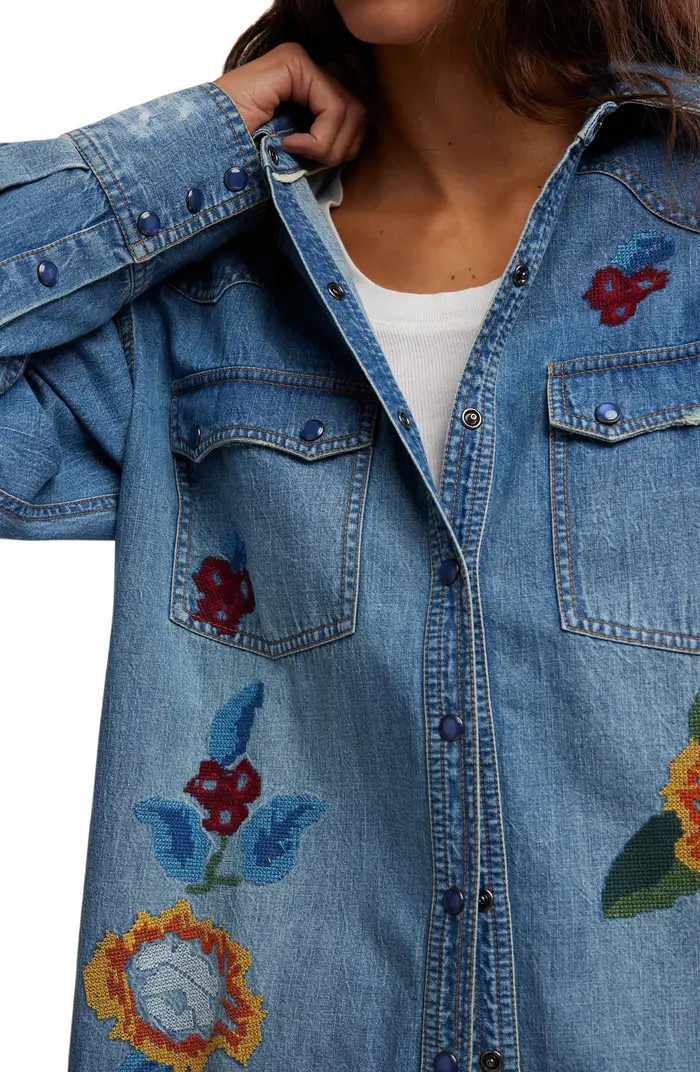 Oh The Places You'll Go Oversize Embellished Denim Button-Up Shirt | Nordstrom Rack