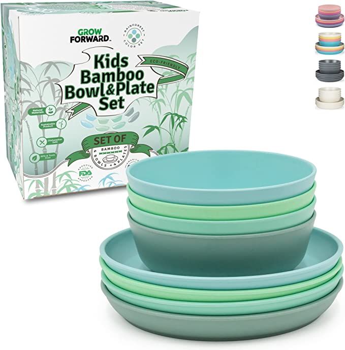 Grow Forward Kids Bamboo Bowl and Plate Set - 4 Bamboo Kids Plates and 4 Bamboo Kids Bowls - Todd... | Amazon (US)