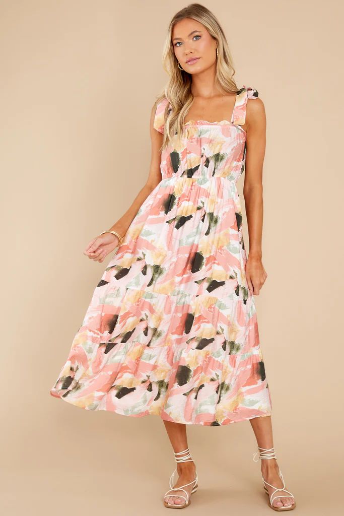 Creative Ideas Peach Multi Print Midi Dress | Red Dress 