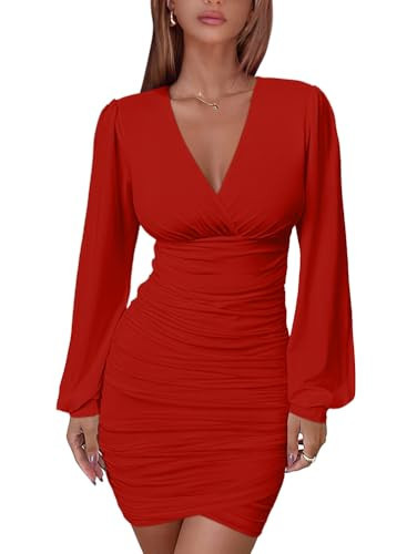 DAAWENXI Women's Sexy Bodycon Long Sleeve Deep V Neck Ruched Mini Party Dresses Red | Amazon (US)