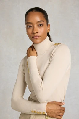 Buttoned Knit Roll Neck (Stone) | Holland Cooper