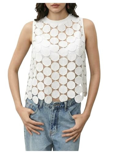 SHENHE Women's Sheer Tank Tops See Through Polka Dots Asymmetrical Top Summer Sleeveless Vest Shirts Off-White Medium | Amazon (US)