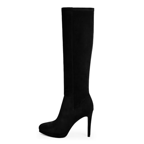 Modatope Black Suede Knee High Boots for Women Stiletto Heel Boots Round Toe Black Suede Tall Boots Zipper Long Boots Size 9.5 | Amazon (US)