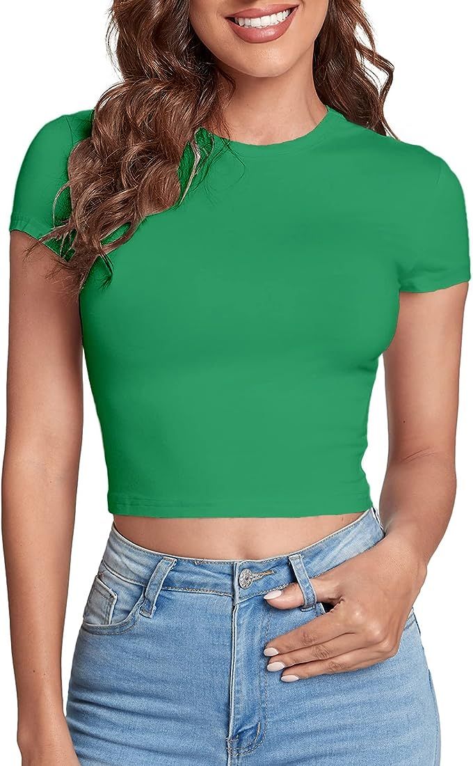 Verdusa Women's Casual Basic Cap Sleeve Slim Fitted Round Neck Crop Tee Top | Amazon (US)