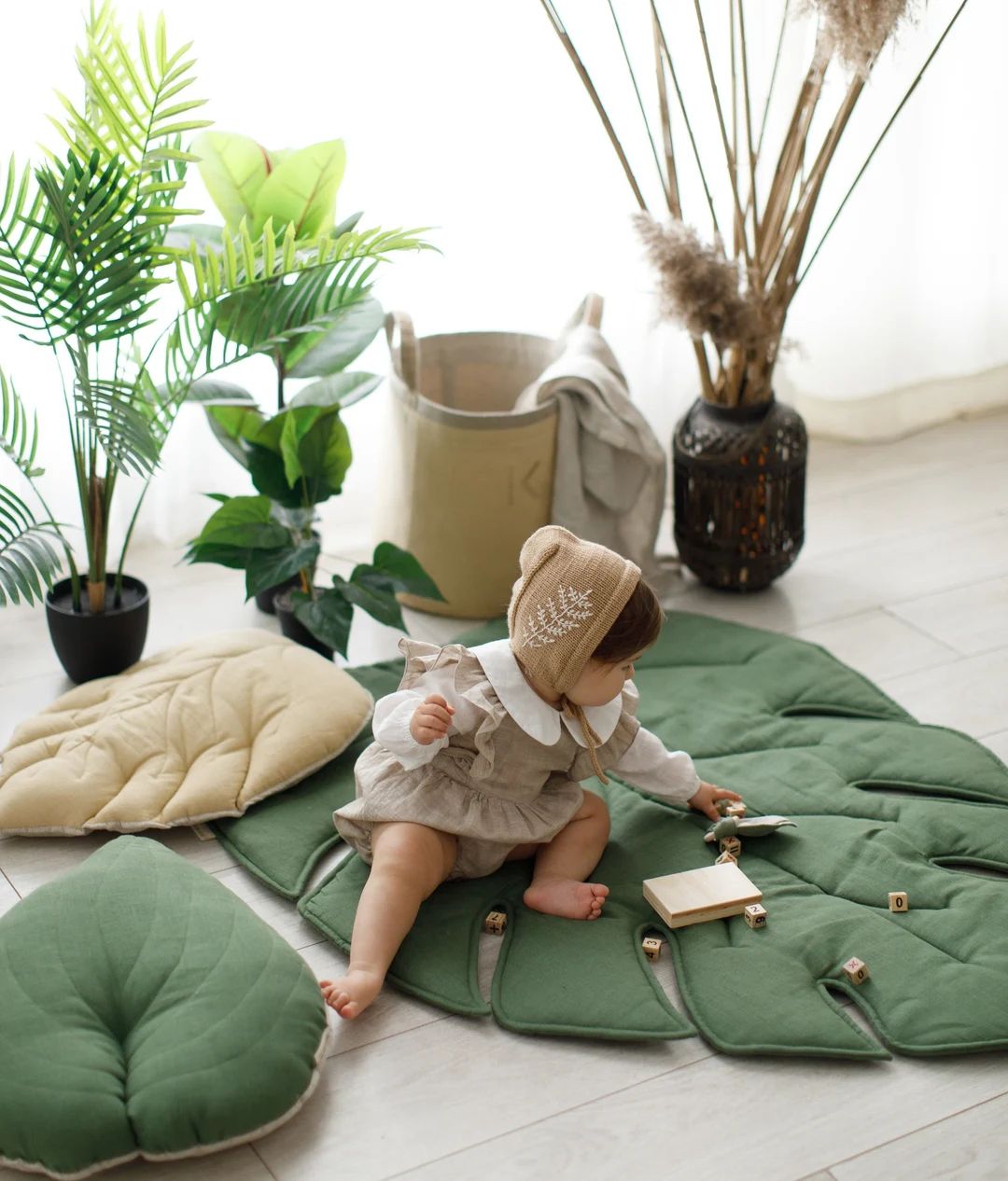 Linen Organic Large play mat leaf rug monstera leaf tropical nursery baby play mat floor mat kids... | Etsy (US)