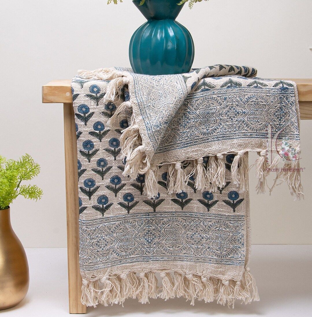 Blue Floral throw, Hand block print blanket, hand loom India cotton sofa throw, bohemian mud clot... | Etsy (US)