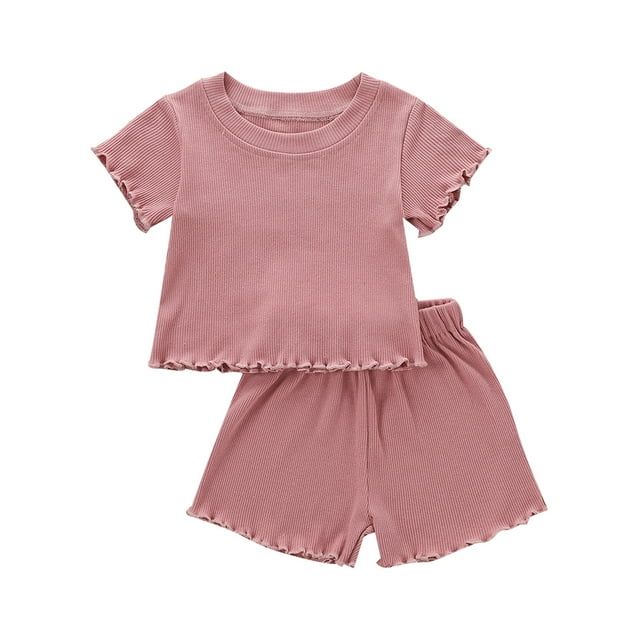 Canrulo 2PCS Toddler Baby Girl Solid Color Ribbed Short Sleeves O-Neck Tops + Shorts Pink 2-3 Yea... | Walmart (US)