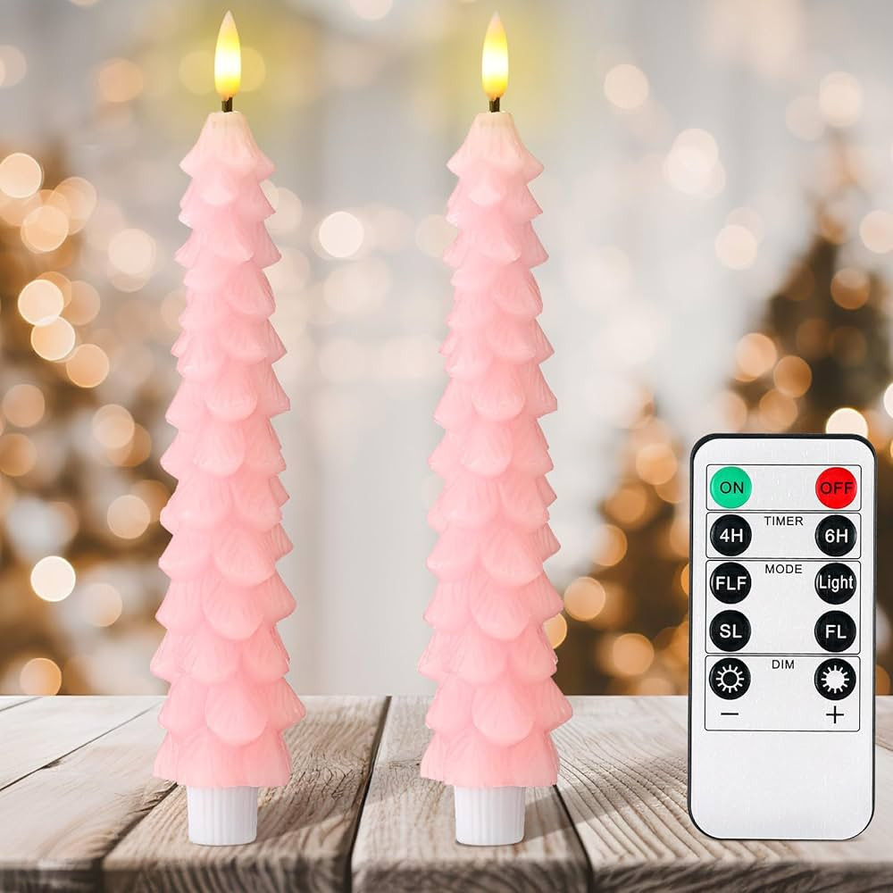 2 Pcs Pink Christmas Tree Flameless Taper Candles with Remote Xmas LED Candlesticks Battery Opera... | Amazon (US)