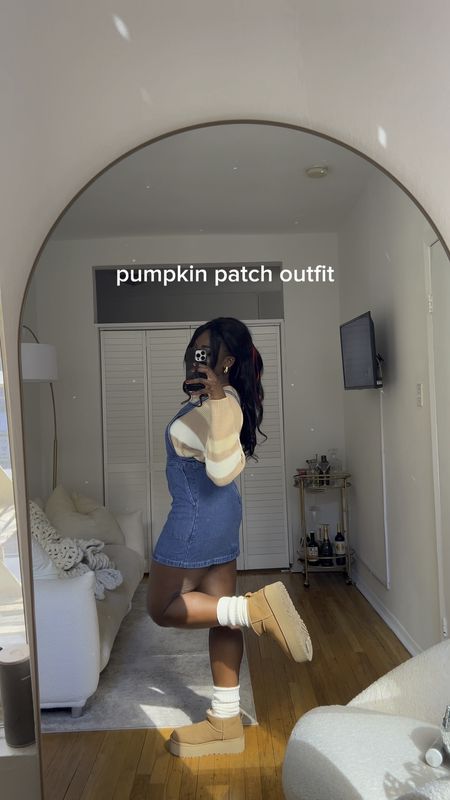 Pumpkin patch outfit, outfit inspo, sweater outfit, Uggs outfit, slouchy socks, denim dress 

#LTKfindsunder100 #LTKGiftGuide #LTKshoecrush