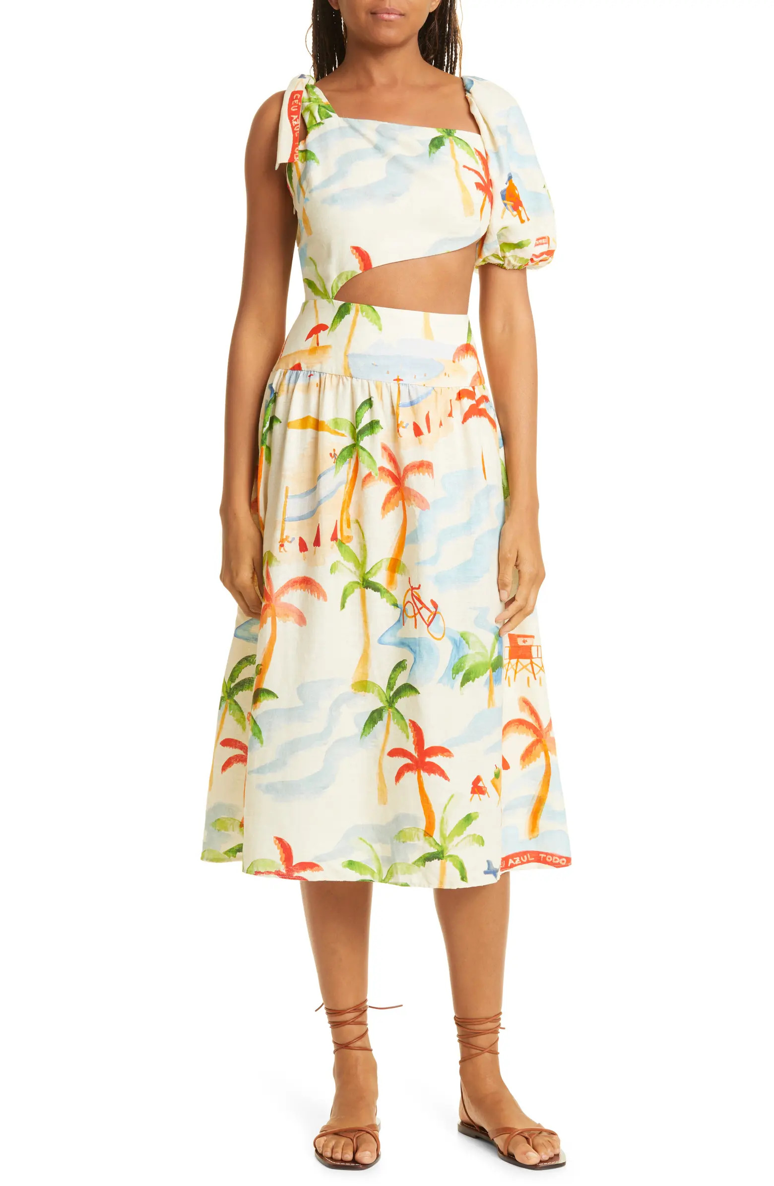 FARM Rio Copacabana Asymmetric Sleeve Side Cutout Linen Blend Dress | Nordstrom | Nordstrom