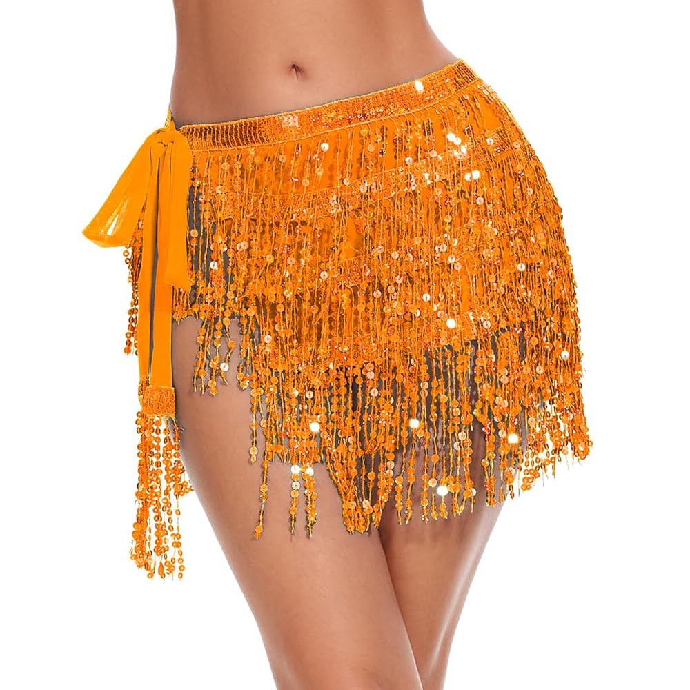 Ammiko Sequin Skirt Fringe Wrap Skirts Sparkly Belly Dance Hip Scarf Tassel Skirt Party Rave Cost... | Amazon (US)