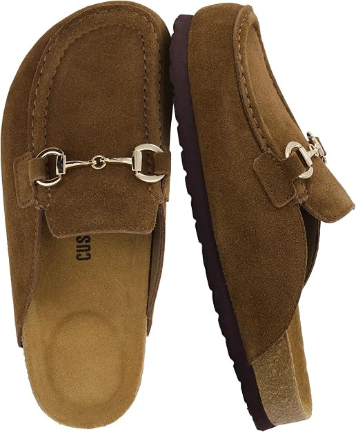 100% Genuine Suede Upper, Gold Horsebit Detail, Cork Footbed, Backless Slip On Design, Treaded Ou... | Amazon (US)