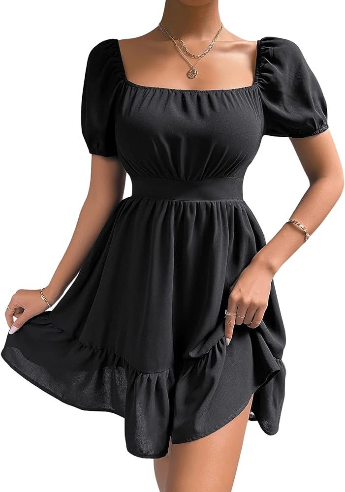 SweatyRocks Women's Short Puff Sleeve Square Neck Dress Ruffle Hem A Line Casual Mini Dresses | Amazon (US)