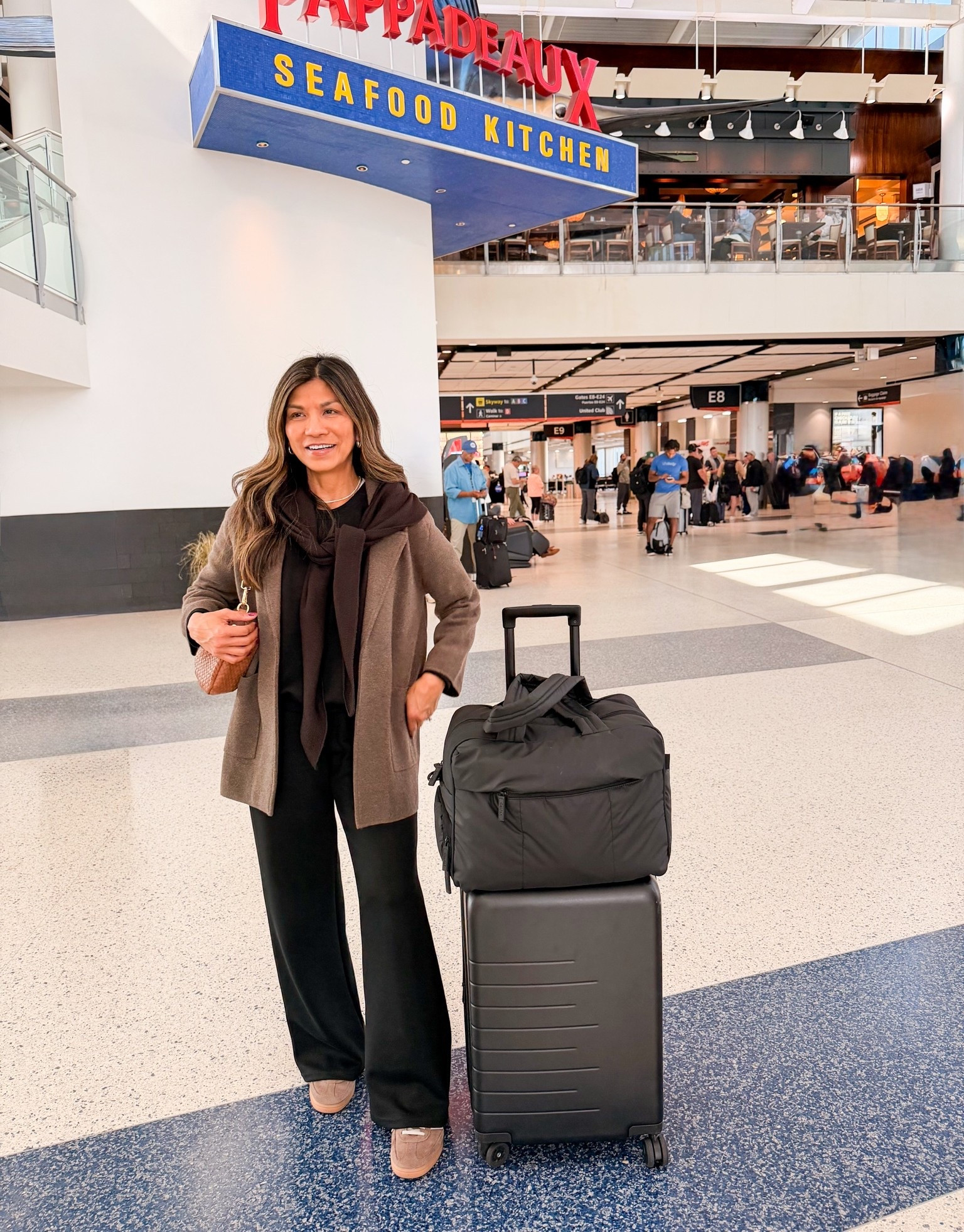 I’m 5’2” 118#ish for reference
Airport outfit.
Black set in XS tts-had to fold waistband cuz a little long on me.
Adidas sneakers size down.
White tee small tts.
Personal bag, carry-on luggage in the regular size

#LTKTravel #LTKootd #LTKOver40